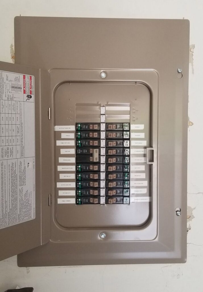An open indoor electrical panel (breaker box) showing organized wiring, serviced by Molitor Electric in Austin, TX.