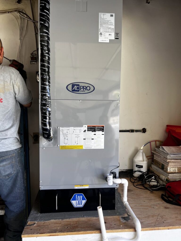An indoor furnace and air handler unit being installed by MB Heating and Air, serving Northridge, CA.