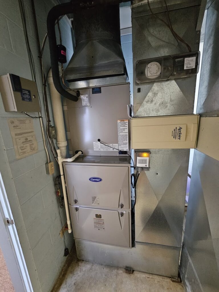 An indoor furnace and associated ductwork installed by Pike Mechanical in Vevay, IN.