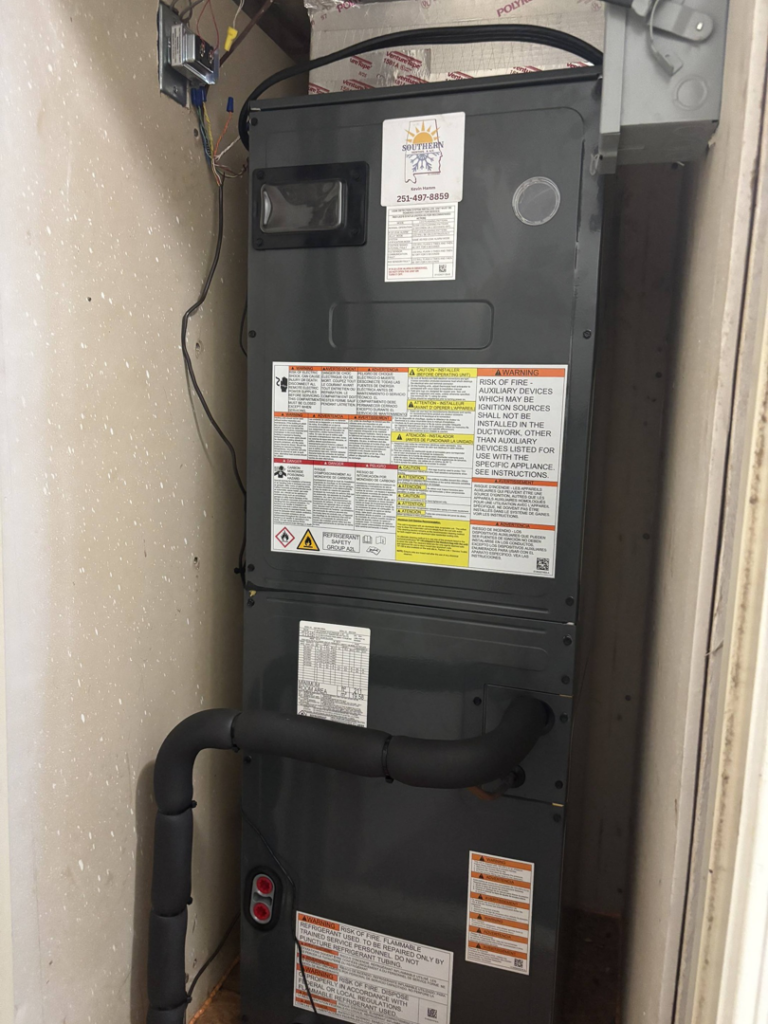 An indoor HVAC air handler unit professionally installed by Southern Heating & A/C LLC in Mobile, AL.
