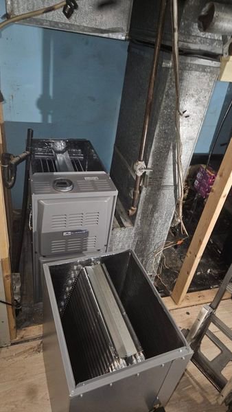 An indoor HVAC furnace and evaporator coil installation by Will Power Refrigeration Co in Yonkers, NY.