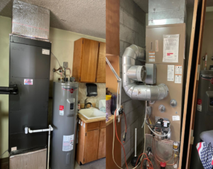 Two indoor HVAC furnace and water heater installations with ductwork by Torres HVAC LLC in Reno, NV.
