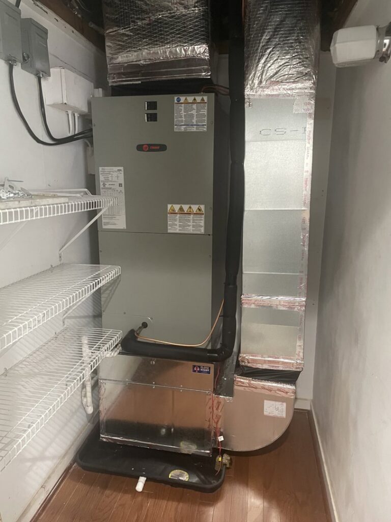 An indoor HVAC system installed in a utility closet by Brothers HVAC LLC in Owings Mills, MD