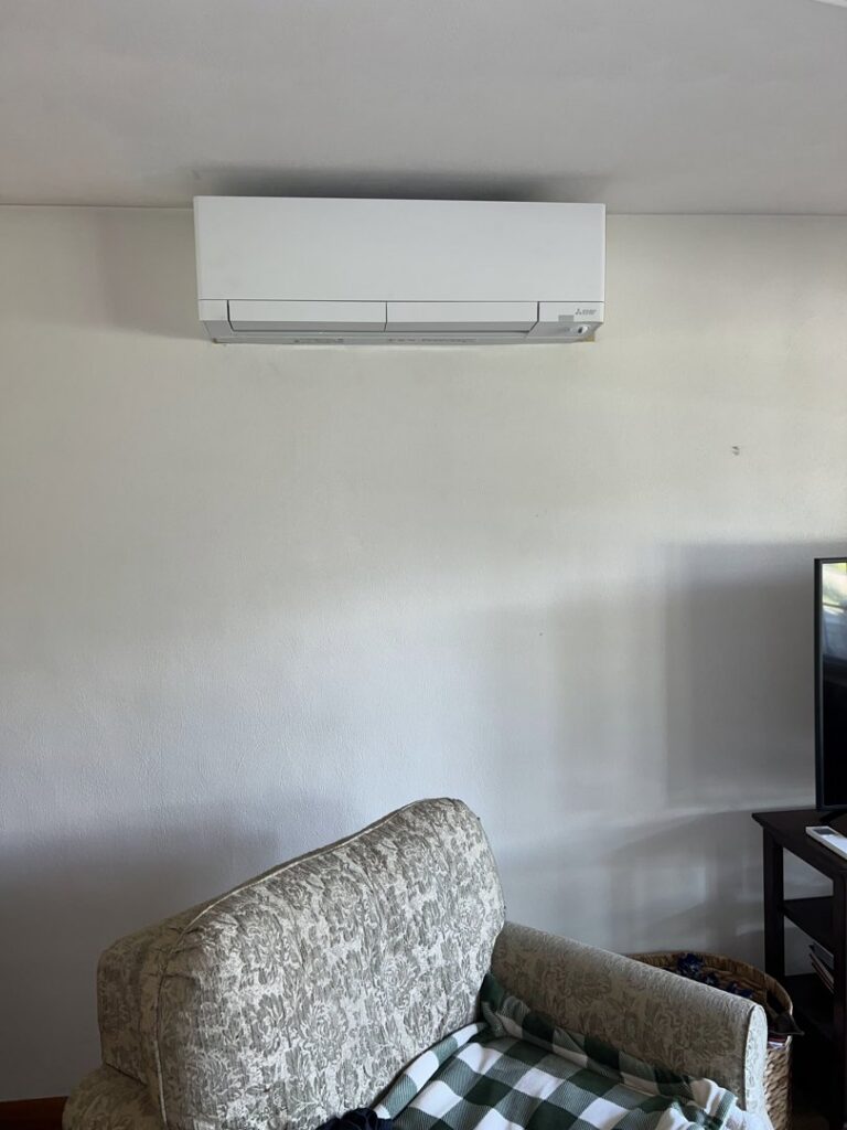 An indoor Mitsubishi mini-split HVAC unit installed in a residential room by KO HVAC Heating & Cooling in Kingston, PA.