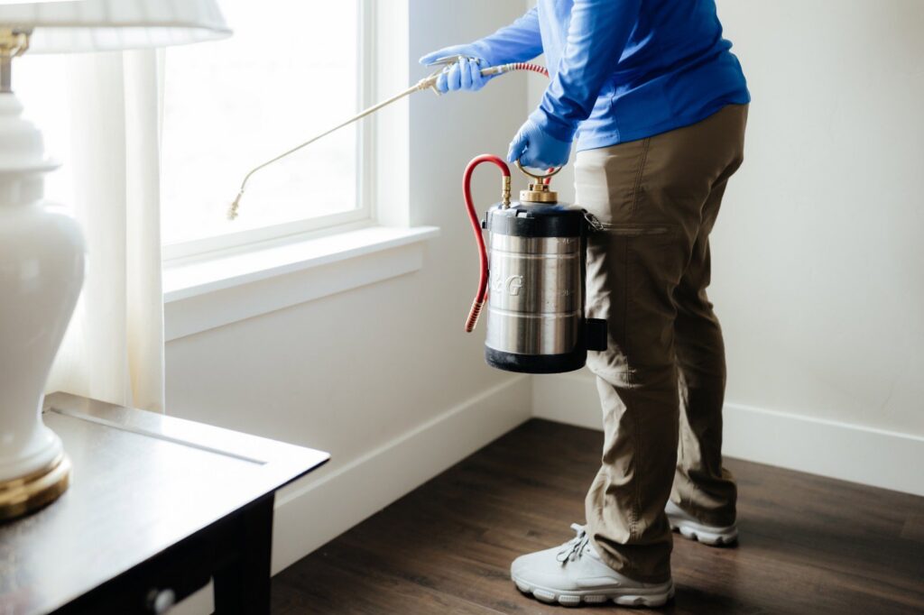 A pest control technician spraying near an indoor window, providing pest treatment services from BAM Pest Control in Sandy, UT.