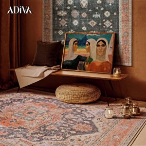 An elegantly decorated indoor room featuring a large patterned floor rug and a matching wall rug from Adiva Rugs in Chicago, IL.