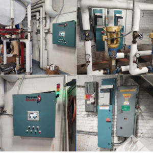 Industrial boiler controls, pumps, and piping systems serviced by BJ Muirhead Co., Inc. in Orchard Park, NY.