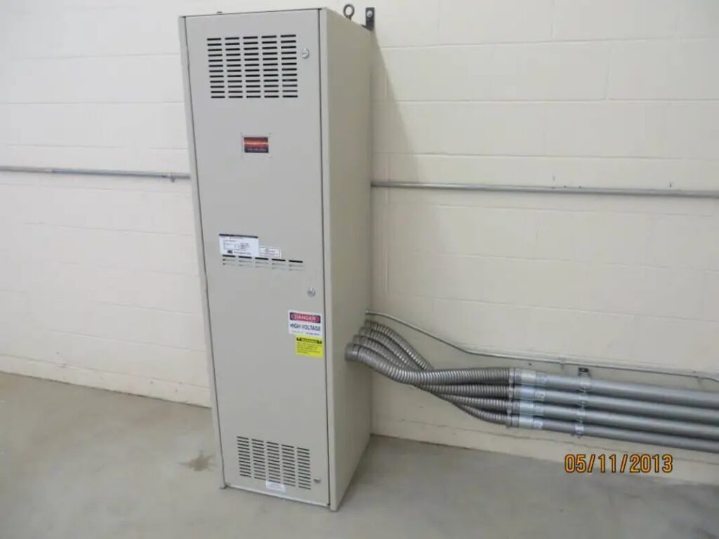 A large industrial electrical cabinet with conduit connections, installed by BlackRock Electrical in Pocatello, ID.