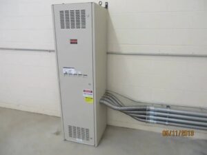A large industrial electrical cabinet with conduit connections, installed by BlackRock Electrical in Pocatello, ID.