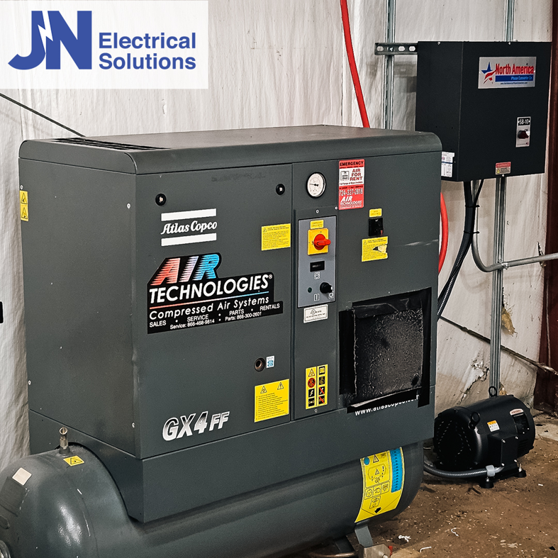 Electrical hookup for an industrial air compressor unit by JN Electrical Solutions in Hopewell, PA.