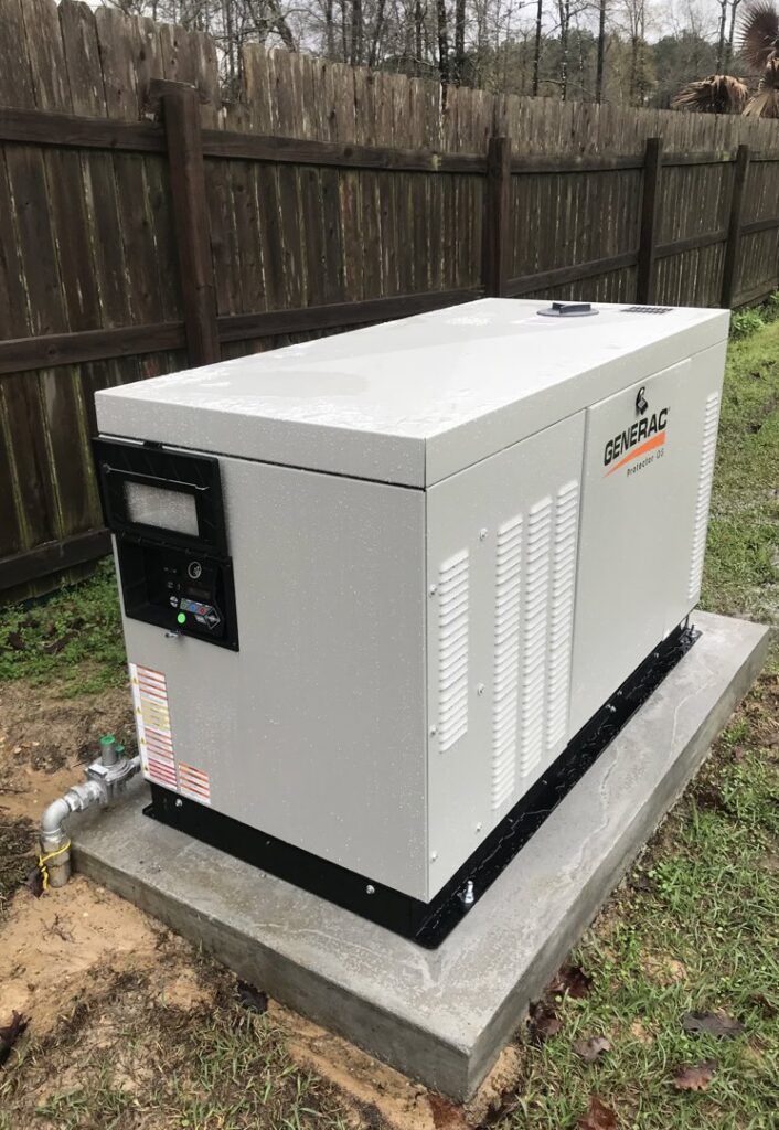 A large industrial Generac generator installed on a concrete pad by Optimize Generator People in Baton Rouge, LA.