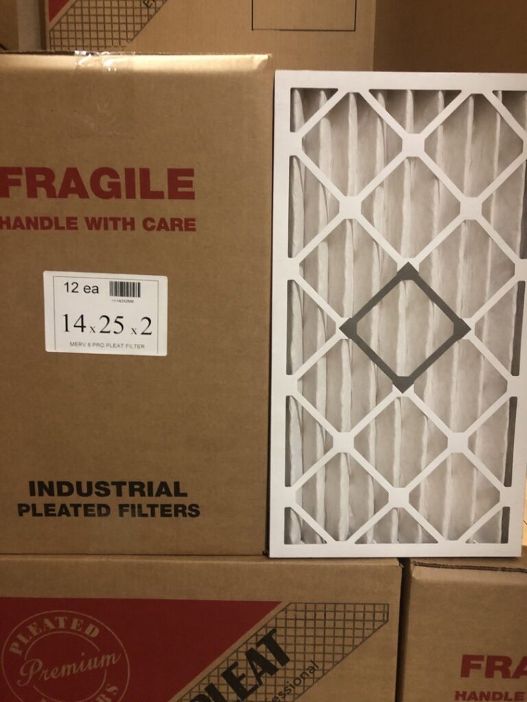 A close-up of an industrial pleated HVAC filter and its packaging from Murray Filter Sales and Service, Inc. in Nashville, TN