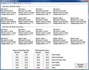 An industrial automation system displaying tank data for oil and water levels by Browning Electric Company Inc. in Gillette, WY