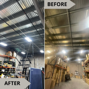 Before and after of industrial warehouse lighting installation by Electro Flash Services LLC in Denver, CO
