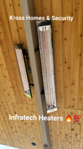 Infratech electric heaters professionally installed on a wooden ceiling by Kross Homes & Security in Dallas, TX