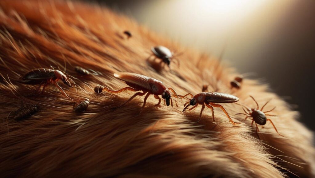 Close-up of various insects like fleas and ticks on animal fur, showing a pest infestation handled by Buzz Kill Pest Control in Indianapolis, IN.