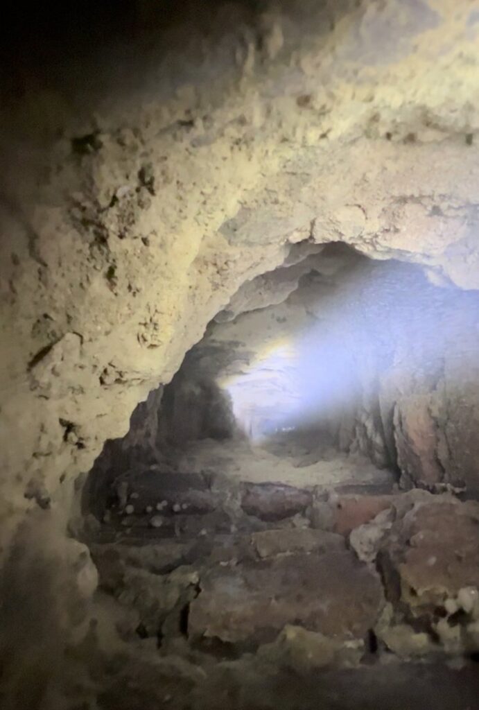 An interior view of a dirty chimney flue, likely during an inspection or cleaning by Maximum Energy Savers in Philadelphia, PA