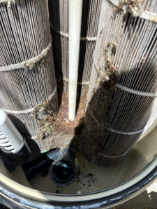 The inside of a pool filter housing filled with dirty cartridges and debris, indicating a need for professional cleaning from Aquatec Pool Care in Jacksonville, FL.