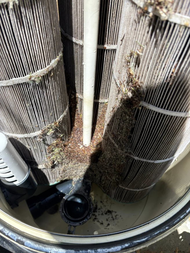 The inside of a pool filter housing filled with dirty cartridges and debris, indicating a need for professional cleaning from Aquatec Pool Care in Jacksonville, FL.