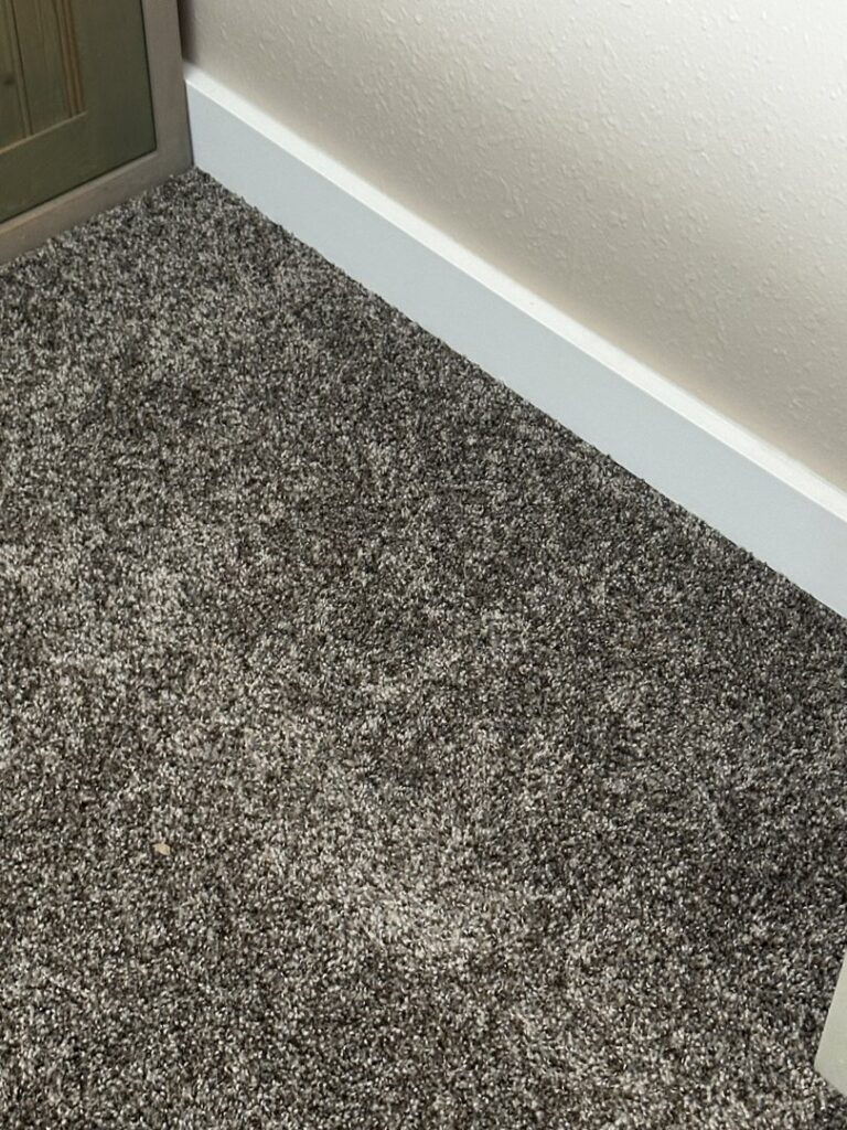 Close-up of newly installed carpet meeting a white baseboard by Pierce Carpet Mill Outlet in Bozeman, MT.
