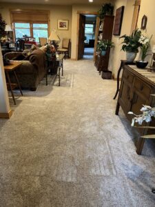 A newly installed carpet in a residential hallway by Pierce Carpet Mill Outlet in Bozeman, MT.