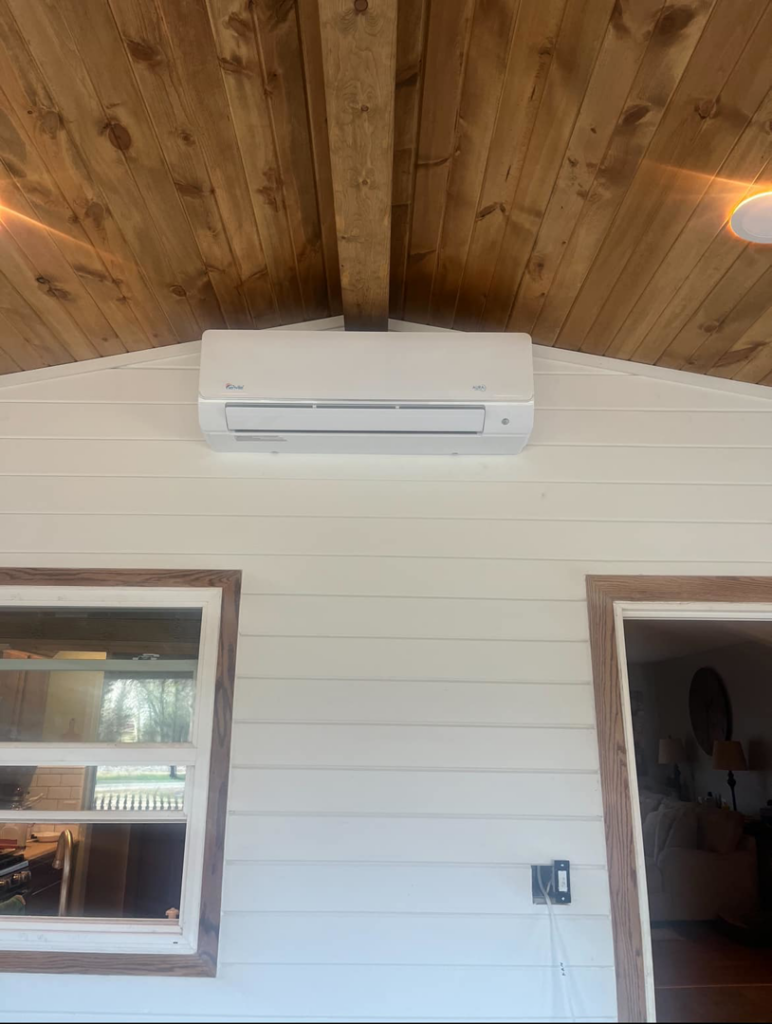 A newly installed indoor mini-split HVAC unit on a wall by Emerald Air in Wichita, KS.