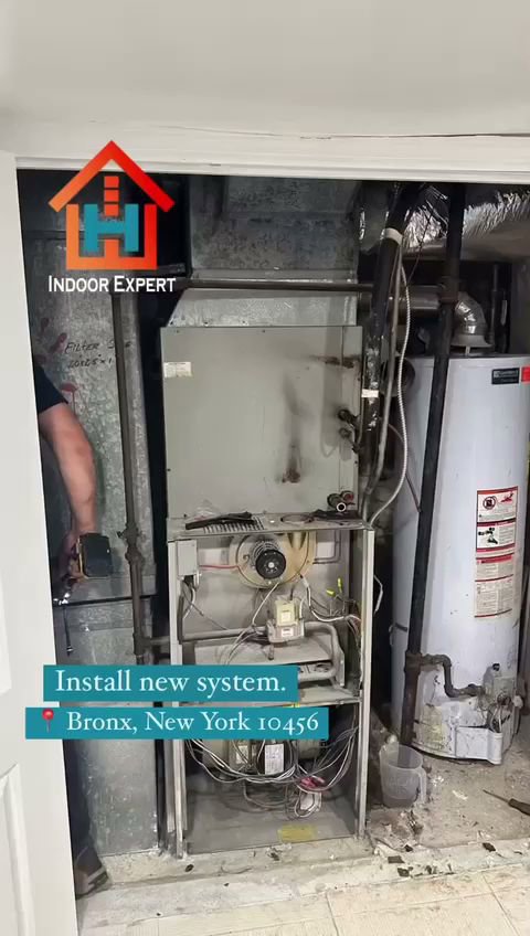 A new furnace system being installed in a utility closet, demonstrating the expertise of Indoor Expert Heating & Cooling in Paterson, NJ.