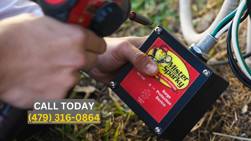 A technician installing a surge protection device for a client of Mister Sparky NWA in Springdale, AR.