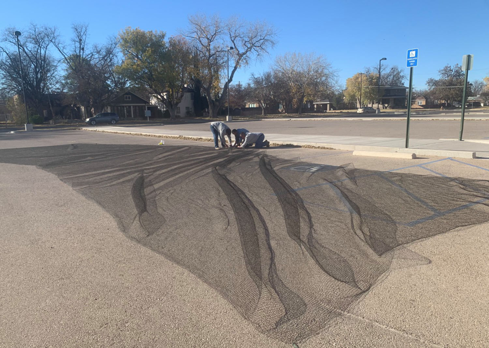 Technicians installing a large wildlife exclusion net in a parking lot for Horizon Pest Control in Carlsbad, NM.