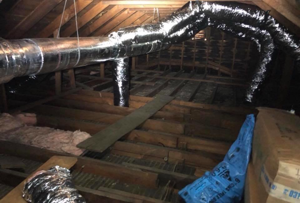 Insulated HVAC ductwork installed in an attic space by Eastern Air Flow of Kentucky in Richmond, KY.