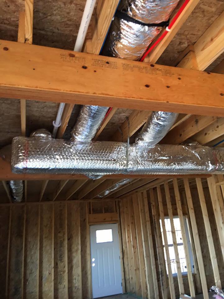 Insulated HVAC ductwork installed in the ceiling of a new construction home by Eastern Air Flow of Kentucky in Richmond, KY.