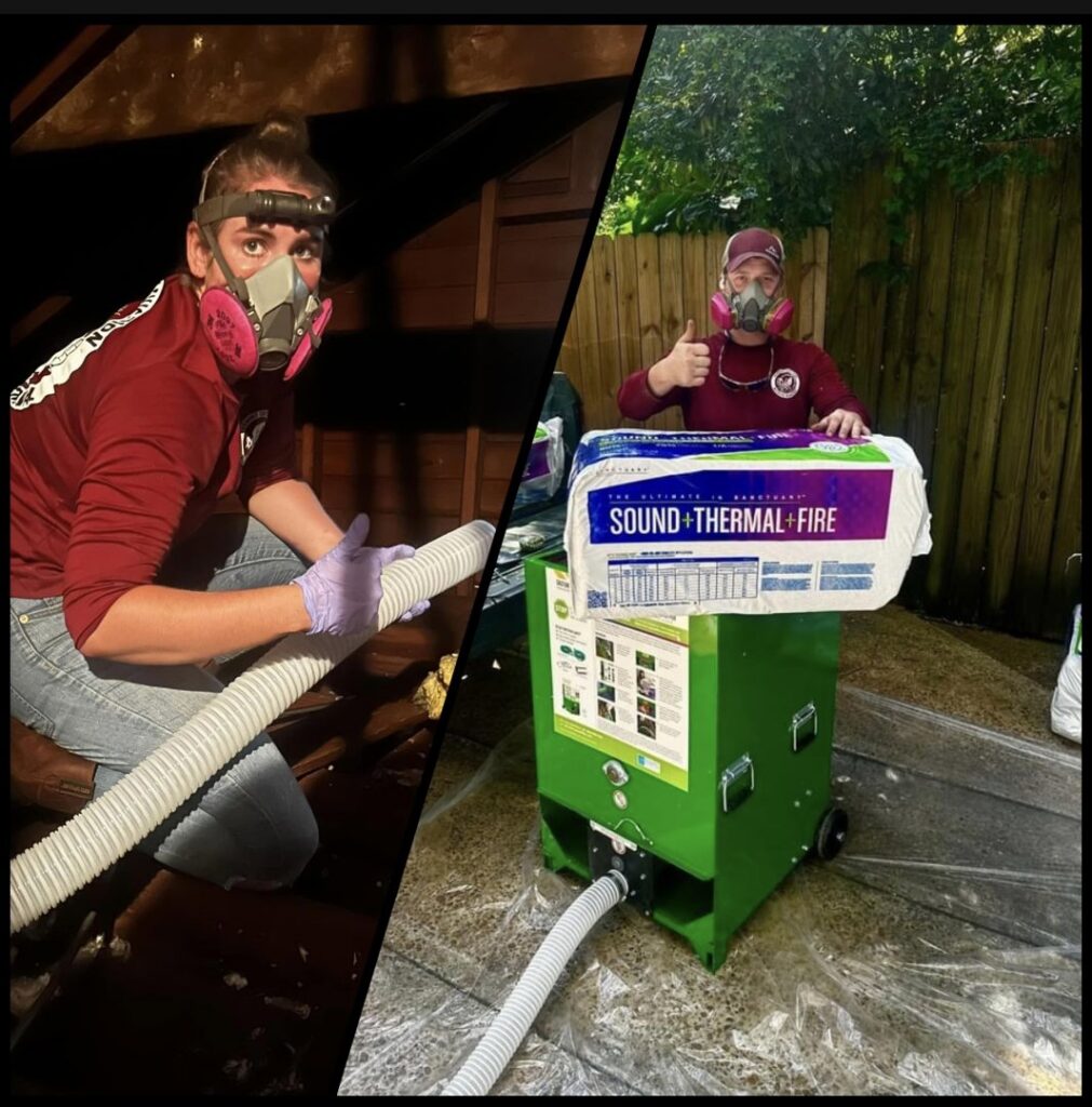 Technicians in respirators performing insulation installation, often part of wildlife damage repair, by Varmint Eviction Wildlife Removal Services in Tallahassee, FL.