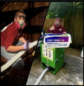 Technicians in respirators performing insulation installation, often part of wildlife damage repair, by Varmint Eviction Wildlife Removal Services in Tallahassee, FL.