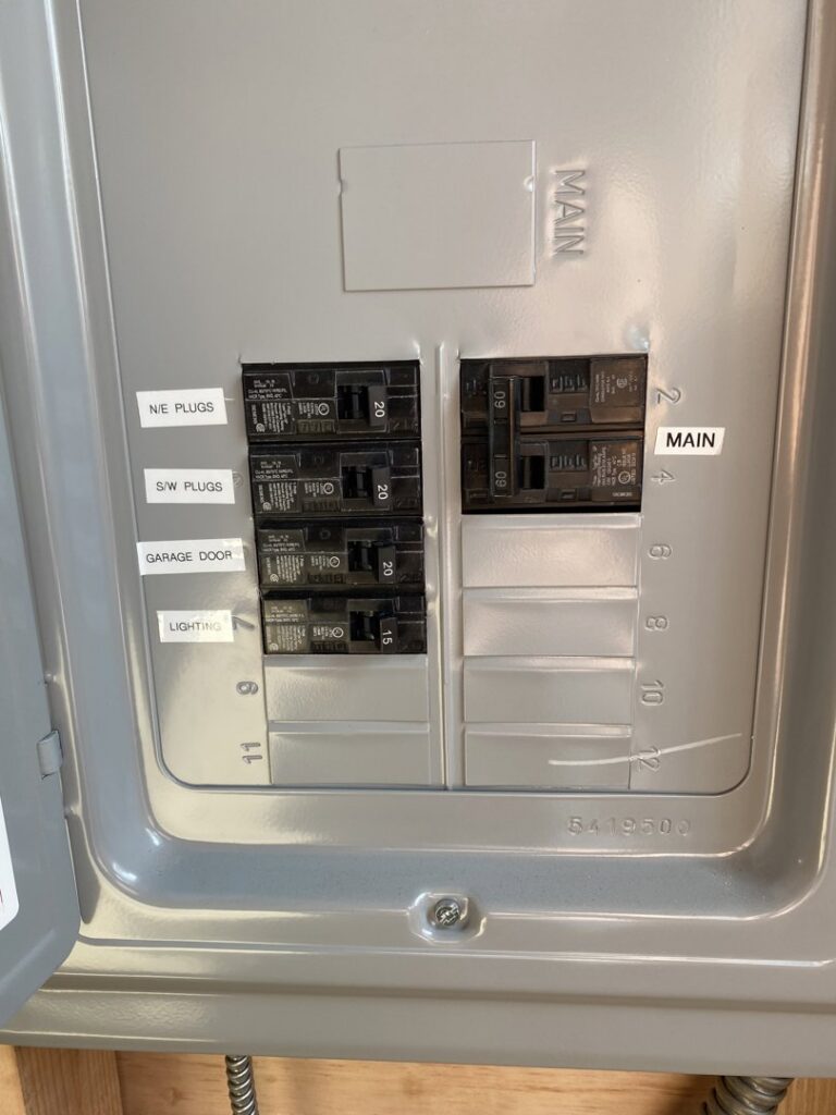 An interior electrical breaker panel with clearly labeled circuits, installed by Muse Electricians in Los Angeles, CA.