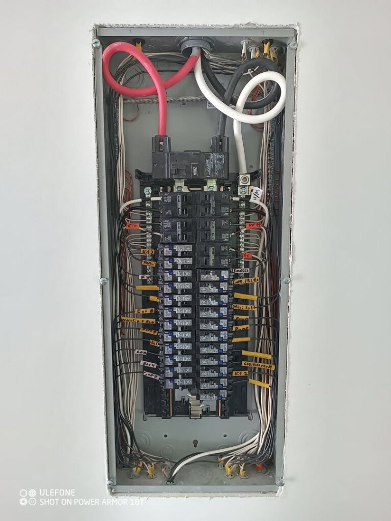 An interior electrical breaker panel with neatly organized and labeled wiring, installed by Elemental Electrical in Chattanooga, TN.