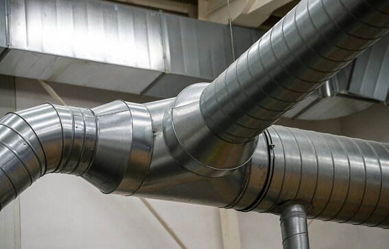 Interior view of large metal HVAC ductwork in a commercial building by Accurate Air in Manchester, NH