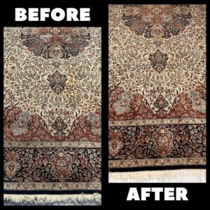 Before and after cleaning an intricate patterned area rug by Arkansas Floor and Upholstery Care LLC in Fort Smith, AR.