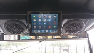 Custom iPad and speaker installation in a golf cart by Advanced Golf & Electric Vehicles in Orlando, FL.