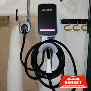A JuiceBox EV charger professionally installed by Henelect Electrical Contractors in Milford, NJ.