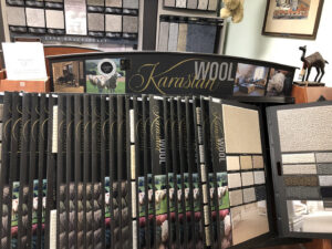 A display of Karastan wool carpet samples in the showroom at Rug Masters in Charleston, SC.