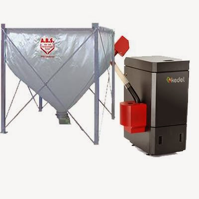 A Kedel boiler unit connected to a large pellet storage hopper, illustrating a complete heating system by Kedel Boilers in Portland, ME.