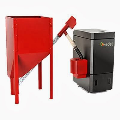 A Kedel boiler unit paired with a red pellet storage bin, showcasing heating system options from Kedel Boilers in Portland, ME.