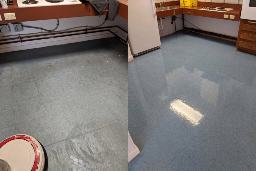 Before and after comparison of kitchen floor cleaning by Accent Carpet & Upholstery Cleaners in Pittsburgh, PA.