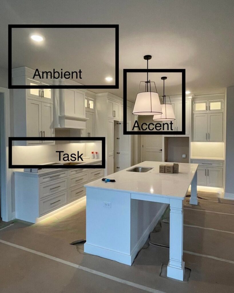 Kitchen lighting installation showing ambient, accent, and task lighting by Pinnacle Electric Solutions in Port St. Lucie, FL.