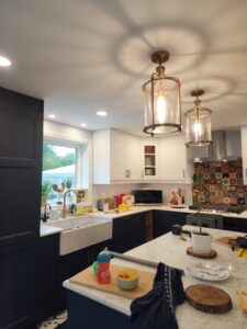 Kitchen with new pendant and recessed lighting installed by Julio A Lopez Electrician in Lowell, MA.