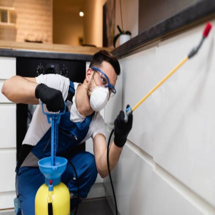 A pest control technician performing extermination service in a kitchen for TOTAL Exterminating Co. Inc. in Indianapolis, IN.