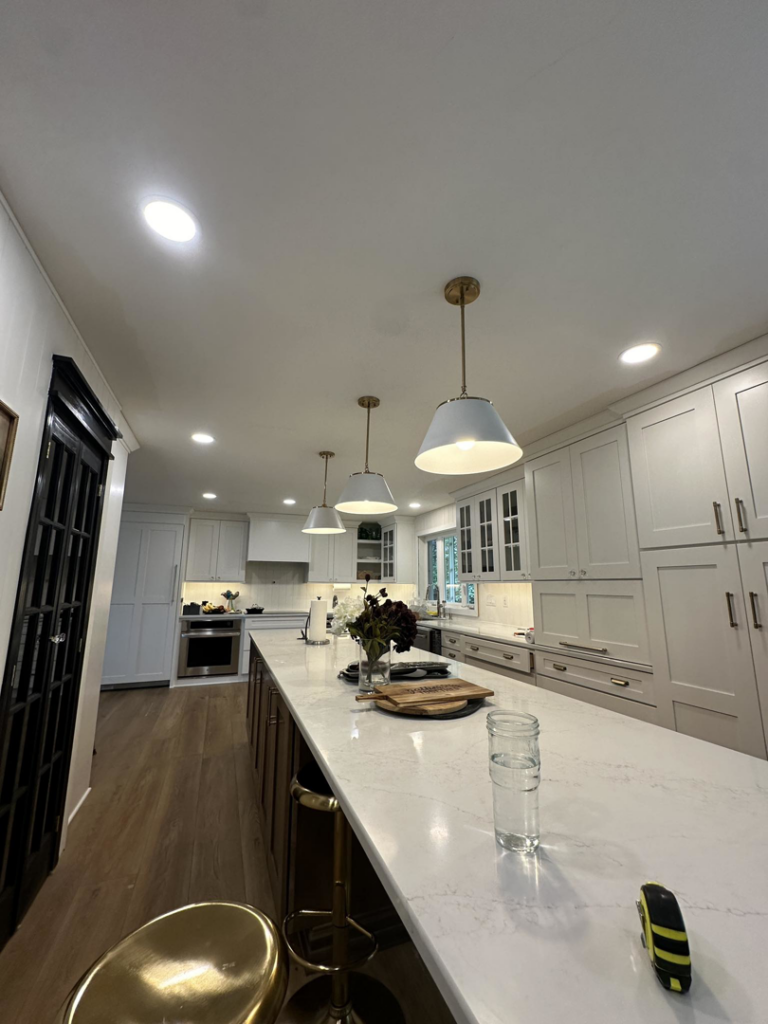 Beautiful kitchen with new recessed and pendant lighting installed by OCD Electric in Spokane, WA.