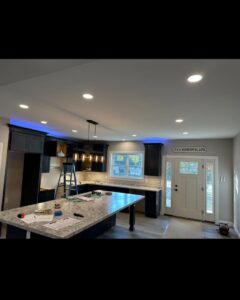 Kitchen with new recessed and pendant lighting installed by Breakers Electric LLC in Dover, NH.