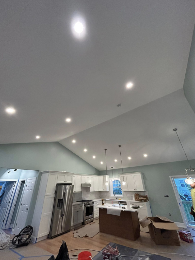 Kitchen with new recessed and pendant lighting installed by KG Electric LLC in Cumberland, RI