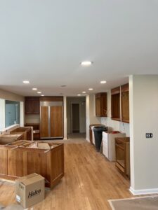 A kitchen undergoing renovation with new recessed lighting installed by Ace Electrical Services LLC in Owensboro, KY.